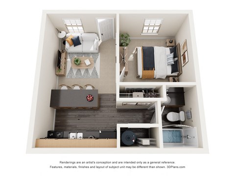 a stylized floor plan with a bedroom and a living room